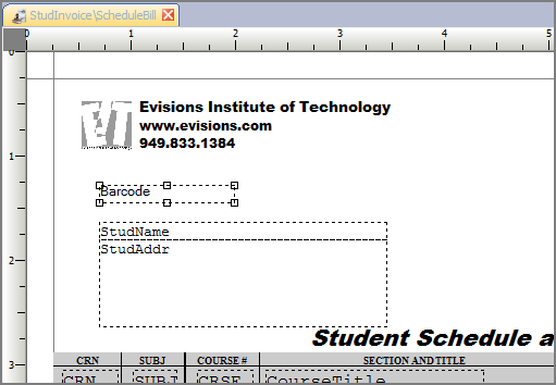 A form stamp showing the location of the data field that has been placed where the barcode should go. The barcode, in this instance, is located above the student name field.